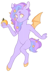 Size: 600x856 | Tagged: safe, artist:lavvythejackalope, derpibooru import, oc, oc:starfall, unofficial characters only, anthro, bat pony, unguligrade anthro, apple, bat wings, ethereal mane, food, image, png, simple background, solo, starry mane, transparent background, wings