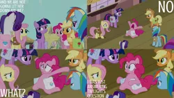 Size: 1280x720 | Tagged: safe, derpibooru import, edit, edited screencap, editor:quoterific, screencap, applejack, fluttershy, pinkie pie, rainbow dash, rarity, twilight sparkle, earth pony, pegasus, pony, unicorn, games ponies play, season 3, spoiler:s03, applejack's hat, bag, big no, cowboy hat, female, hat, image, mane six, mare, noooooooo, nose in the air, open mouth, png, saddle bag, smiling, train station, unicorn twilight