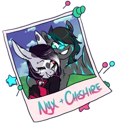 Size: 700x745 | Tagged: safe, artist:lavvythejackalope, derpibooru import, oc, oc:cheshire, oc:nyx, unofficial characters only, alicorn, anthro, earth pony, rabbit, animal, anthro with ponies, bust, chest fluff, clothes, collar, commission, duo, earth pony oc, grin, hoof hold, image, makeup, one eye closed, outdoors, png, running makeup, selfie, side hug, simple background, smiling, transparent background, wink, ych result