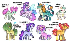 Size: 4062x2400 | Tagged: safe, artist:dreamscapevalley, derpibooru import, oc, oc:bubble tea, oc:cheers, oc:free spirit, oc:harmony hope, oc:journey, oc:mango chutney, oc:shoal surfer, oc:victory, unofficial characters only, earth pony, hybrid, pegasus, unicorn, clothes, earth pony oc, freckles, horn, image, interspecies offspring, magical gay spawn, magical lesbian spawn, offspring, parent:ahuizotl, parent:big macintosh, parent:bulk biceps, parent:cheese sandwich, parent:cherry jubilee, parent:coco pommel, parent:izzy moonbow, parent:luster dawn, parent:minty, parent:pinkie pie, parent:prince blueblood, parent:princess cadance, parent:queen novo, parent:zephyr breeze, pegasus oc, png, scarf, simple background, tongue out, tooth gap, unicorn oc, watermark, white background, wings