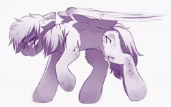 Size: 1382x867 | Tagged: safe, artist:crimmharmony, derpibooru import, oc, oc:murky, unofficial characters only, pegasus, fallout equestria, fallout equestria: murky number seven, blood, cut, drunk, fanfic art, image, injured, jpeg, monochrome, pegasus oc, scar, simple background, solo, white background, wings