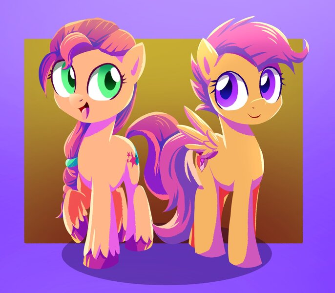 Size: 2151x1880 | Tagged: safe, artist:ce2438, artist:ketereissim, derpibooru import, scootaloo, sunny starscout, earth pony, pegasus, pony, abstract background, braid, cute, cutealoo, duo, female, g5, image, jpeg, lineless, open mouth, raised hoof, smiling, sunnybetes, unshorn fetlocks