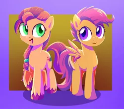 Size: 2151x1880 | Tagged: safe, artist:ce2438, artist:ketereissim, derpibooru import, scootaloo, sunny starscout, earth pony, pegasus, pony, abstract background, braid, cute, cutealoo, duo, female, g5, image, jpeg, lineless, open mouth, raised hoof, smiling, sunnybetes, unshorn fetlocks