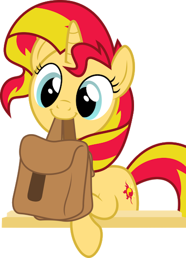 Size: 383x531 | Tagged: safe, artist:equestriadaily, derpibooru import, sunset shimmer, pony, unicorn, bag, image, meta, mouth hold, png, saddle bag, smiling, solo, to saddlebags and back again, twitter