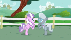 Size: 1280x720 | Tagged: safe, derpibooru import, screencap, diamond tiara, silver spoon, earth pony, pony, call of the cutie, season 1, animated, bipedal, bump bump sugar lump rump, butt to butt, butt touch, duo, duo female, eyes closed, female, filly, image, webm