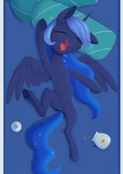 Size: 988x1394 | Tagged: safe, artist:dusthiel, derpibooru import, princess luna, alicorn, pony, atg 2021, cookie, cookie jar, eyes closed, female, food, image, mare, newbie artist training grounds, open mouth, png, sleeping, solo