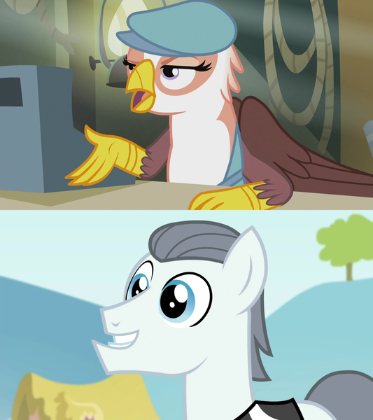 Size: 1920x2160 | Tagged: safe, derpibooru import, edit, edited screencap, screencap, gimme moore, silver shill, leap of faith, the lost treasure of griffonstone, crack shipping, female, flat cap, gimmeshill, hat, image, interspecies, male, png, shipping, shipping domino, straight