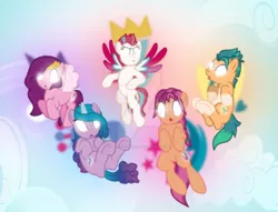 Size: 1280x979 | Tagged: safe, artist:hate-love12, derpibooru import, hitch trailblazer, izzy moonbow, pipp petals, sunny starscout, zipp storm, pony, base used, g5, glowing eyes, history repeats itself, image, jpeg, the elements in action