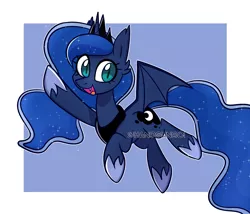 Size: 1750x1500 | Tagged: safe, artist:handgunboi, derpibooru import, princess luna, alicorn, bat, bat pony, bat pony alicorn, pony, abstract background, bat ponified, bat wings, fangs, female, flying, horn, image, jpeg, looking at you, lunabat, obtrusive watermark, open mouth, open smile, outline, race swap, simple background, slit eyes, smiling, watermark, white background, wings