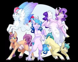 Size: 1251x1001 | Tagged: safe, artist:jillxwolfe, derpibooru import, hitch trailblazer, izzy moonbow, pipp petals, sunny starscout, zipp storm, earth pony, pegasus, pony, unicorn, abstract background, bag, bipedal, braid, cheek fluff, coat markings, colored wings, ear fluff, female, flying, g5, hoof fluff, image, jpeg, leonine tail, looking at you, male, mane five (g5), mare, multicolored wings, one eye closed, open mouth, raised hoof, sash, socks (coat marking), stallion, tail, unshorn fetlocks, wings, wink