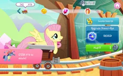 Size: 1280x800 | Tagged: safe, derpibooru import, fluttershy, earth pony, pegasus, pony, app, astro pony, bits, crystal, female, game, gameloft, gem, horseshoes, image, jewelry, jpeg, male, mare, mine, minecart, mobile game, present, shield, smiling, stallion, wheel, wings