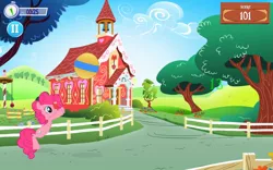 Size: 1280x800 | Tagged: safe, derpibooru import, pinkie pie, earth pony, pony, ball, clock, female, image, jpeg, jumping, mare, minigame, pause, ponyville schoolhouse, school, smiling, solo, solo female