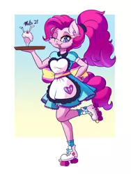 Size: 1500x2000 | Tagged: safe, artist:melliedraws, derpibooru import, pinkie pie, anthro, equestria girls outfit, image, job, milkshake, one eye closed, png, server pinkie pie, tongue out