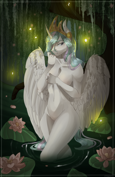 Size: 1244x1920 | Tagged: questionable, artist:artistgenepal-art, derpibooru import, princess celestia, alicorn, anthro, firefly (insect), insect, pony, artistic nudity, bathing, breasts, crown, female, image, jewelry, lilypad, mare, missing accessory, nudity, png, regalia, solo, swamp, tree, wading, water