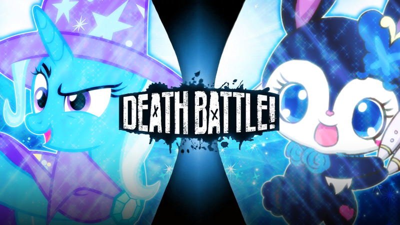 Size: 1280x720 | Tagged: safe, artist:humblemorgana, derpibooru import, trixie, rabbit, animal, cape, clothes, crossover, death battle, exploitable meme, hat, image, jewelpet, luea, meme, png, trixie's cape, trixie's hat