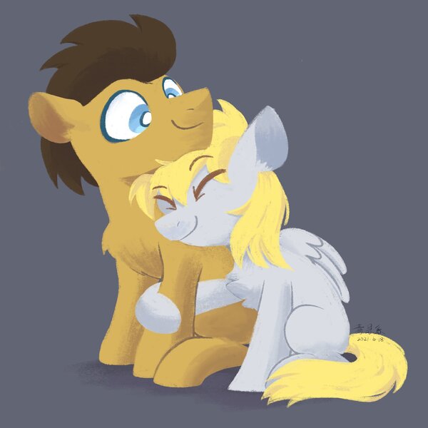 Size: 2048x2048 | Tagged: safe, artist:yaaaco, derpibooru import, derpy hooves, doctor whooves, time turner, earth pony, pegasus, pony, black background, chest fluff, cute, derpabetes, doctorderpy, eyes closed, female, hug, image, jpeg, male, mare, missing cutie mark, nuzzling, raised hoof, shipping, simple background, stallion, straight