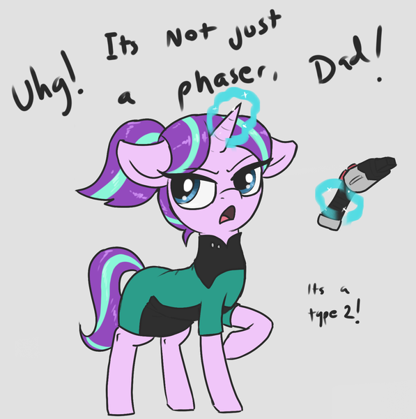 Size: 1464x1472 | Tagged: safe, artist:t72b, derpibooru import, starlight glimmer, pony, unicorn, clothes, eyeroll, image, it's not a phase, levitation, magic, offscreen character, phaser, png, pun, raised hoof, skirt, solo, star trek, teenage glimmer, telekinesis, visual pun, younger