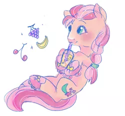 Size: 636x589 | Tagged: safe, artist:funkyfurs, derpibooru import, sunny starscout, earth pony, pony, banana, blushing, braid, cherry, cup, cute, drink, drinking, female, food, g5, grapes, hoof hold, image, mare, png, simple background, solo, straw, sunnybetes, unshorn fetlocks, white background