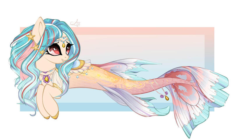 Size: 1771x1062 | Tagged: safe, artist:ponsel, derpibooru import, oc, unofficial characters only, hybrid, merpony, seapony (g4), starfish, adoptable, deviantart watermark, dorsal fin, eyelashes, female, fish tail, flowing tail, image, jewelry, jpeg, necklace, obtrusive watermark, red eyes, regalia, simple background, smililng, solo, tail, watermark, white background