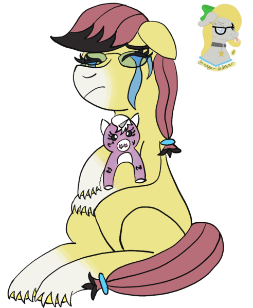 Size: 856x1044 | Tagged: safe, artist:gray star, derpibooru import, oc, oc:sunny side(gray star), crying, derpibooru exclusive, female, glasses, image, plushie, png, sitting, trans female