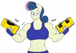Size: 953x663 | Tagged: safe, artist:matchstickman, derpibooru import, bon bon, sweetie drops, anthro, abs, bon bombastic, breasts, clothes, female, fingerless gloves, gloves, gritted teeth, image, muscles, muscular female, phone book, png, ripping, shorts, simple background, solo, sports bra, sports shorts, strength, white background