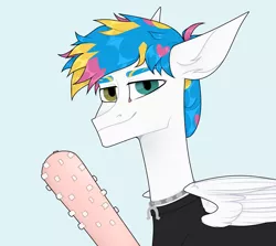 Size: 2800x2500 | Tagged: safe, artist:tea_sediment, derpibooru import, ponified, pegasus, pony, awsten knight, baseball bat, bust, clothes, commission, dyed mane, folded wings, horseshoes, image, jewelry, light blue background, male, necklace, png, shirt, simple background, solo, stallion, t-shirt, toothbat, waterparks, wings, ych result