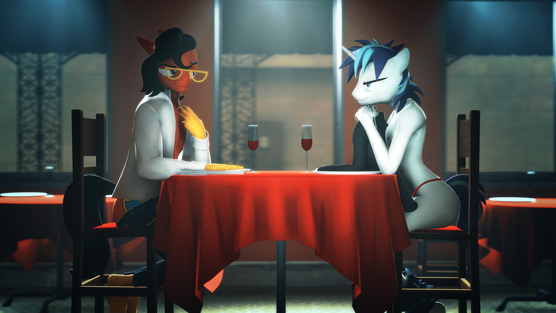 Size: 3840x2160 | Tagged: suggestive, artist:willitfit, derpibooru import, part of a set, shining armor, oc, oc:benjamin terrance tover, alcohol, glass, glasses, image, imminent sex, png, sexy eyes, table, tablecloth, undressing, wine, wine glass