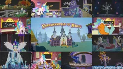 Size: 1280x720 | Tagged: safe, derpibooru import, edit, edited screencap, editor:quoterific, screencap, applejack, bon bon, discord, princess celestia, princess luna, snails, snips, steven magnet, sweetie drops, tree of harmony, trixie, alicorn, draconequus, earth pony, pony, unicorn, fundamentals of magic✨ w/ princess celestia, chalkboard, colt, crystal empire, female, filly, image, male, mare, mouth hold, open mouth, png