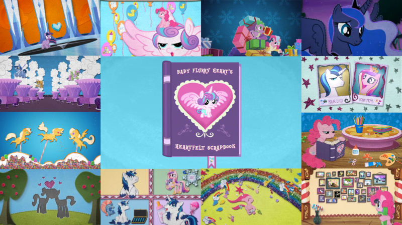 Size: 1280x719 | Tagged: safe, derpibooru import, edit, edited screencap, editor:quoterific, screencap, gummy, pinkie pie, princess cadance, princess flurry heart, princess luna, shining armor, spike, twilight sparkle, alicorn, alligator, dragon, earth pony, pony, unicorn, ^^, baby, baby flurry heart's heartfelt scrapbook, baby pony, eyes closed, female, filly, image, male, mare, open mouth, png, smiling, stallion, unicorn twilight