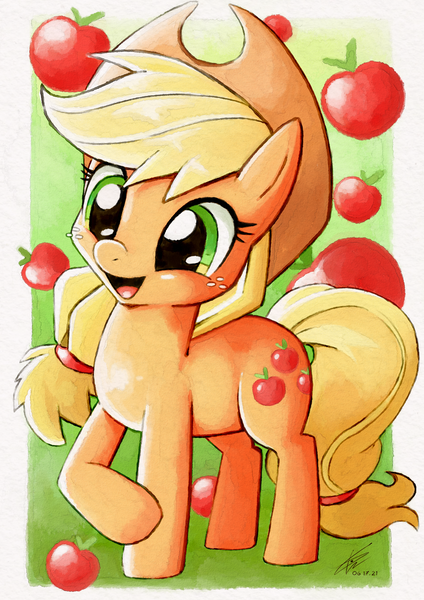 Size: 4093x5787 | Tagged: safe, artist:konanachi, derpibooru import, applejack, earth pony, pony, absurd file size, absurd resolution, apple, applejack's hat, cowboy hat, cute, female, food, hat, image, jackabetes, mare, png, signature, solo