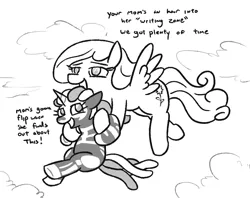 Size: 809x642 | Tagged: safe, artist:jargon scott, derpibooru import, oc, oc:nyxzala, oc:snowdrop, unofficial characters only, hybrid, pegasus, pony, unicorn, zony, black and white, blind, carrying, dialogue, duo, female, filly, flying, grayscale, image, magical lesbian spawn, mare, monochrome, offspring, older, older snowdrop, parent:oc:nyx, parent:oc:zala, parents:oc x oc, png