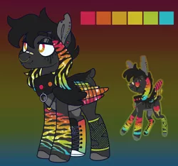 Size: 2160x2025 | Tagged: safe, artist:connorbal, derpibooru import, oc, unnamed oc, pegasus, pony, bandaid, clothes, collar, dock, ear piercing, eyebrow piercing, femboy, fishnets, image, male, markings, no tail, nose piercing, nose ring, piercing, png, rainbow feathers, scene, shoes, snake bites, solo, stallion, white pupils