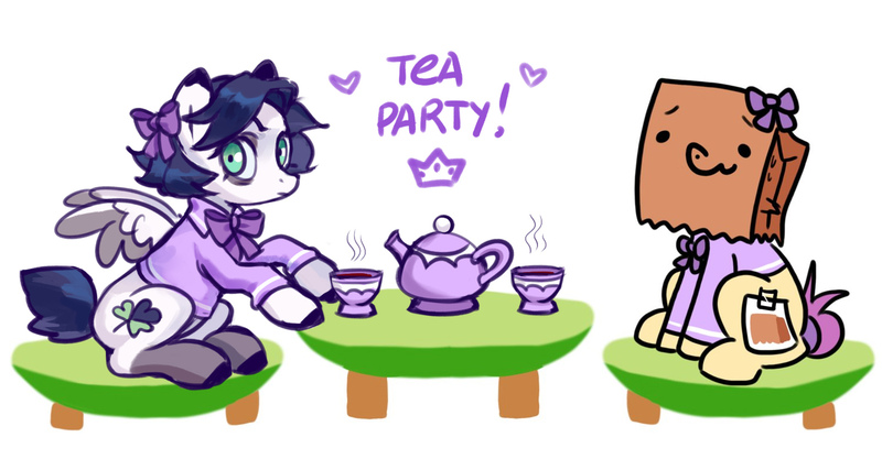 Size: 1500x800 | Tagged: safe, artist:lunnita_pony, derpibooru import, oc, oc:lunnita, oc:paper bag, earth pony, pegasus, pony, image, jpeg, tea party