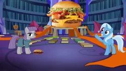 Size: 1280x720 | Tagged: safe, artist:heyitshayburgers, derpibooru import, edit, edited screencap, screencap, maud pie, trixie, earth pony, unicorn, uncommon bond, burger, cheeseburger, food, hamburger, image, jpeg, mcrib