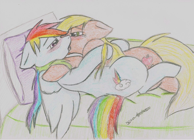 Size: 2340x1691 | Tagged: safe, artist:echo-shock, derpibooru import, applejack, rainbow dash, earth pony, pegasus, pony, appledash, blushing, female, hoof through hair, image, jpeg, kissing, lesbian, pillow, shipping, tongue out, traditional art