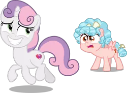 Size: 2441x1783 | Tagged: artist needed, safe, artist:chrzanek97, derpibooru import, edit, editor:slayerbvc, vector edit, cozy glow, sweetie belle, pegasus, pony, unicorn, angry, awkward smile, cozy glow is best facemaker, cozy glow is not amused, cute, cutie mark, diasweetes, female, filly, freckles, image, looking back, png, running, sheepish grin, simple background, smiling, the cmc's cutie marks, transparent background, vector