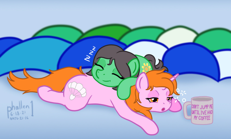 Size: 1000x603 | Tagged: safe, artist:phallen1, derpibooru import, oc, oc:maya northwind, oc:sadie michaels, unofficial characters only, earth pony, unicorn, atg 2021, coffee mug, duo, eyes closed, female, females only, image, jpeg, lying down, mug, newbie artist training grounds, onomatopoeia, ponified oc, prone, sleeping, sound effects, sploot, tired, zzz