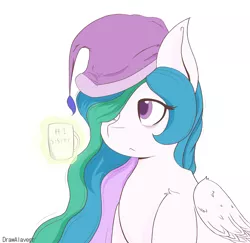 Size: 2480x2410 | Tagged: safe, artist:drawalaverr, derpibooru import, princess celestia, alicorn, pony, coffee, coffee cup, cup, female, hat, image, mare, png, simple background, sleepy, solo, white background