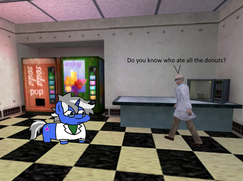 Size: 1185x883 | Tagged: safe, derpibooru import, oc, oc:weird science, unicorn, break room, casserole, donut, food, half-life, image, microwave, png, squatpony, vending machine