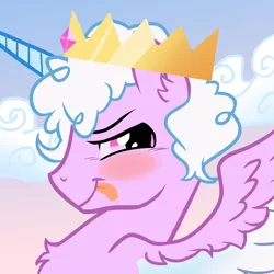Size: 1920x1920 | Tagged: safe, artist:melonmilk, derpibooru import, oc, oc:dewy downcast, unofficial characters only, alicorn, pony, alicorn oc, blushing, bust, cloud, crown, horn, image, jewelry, male, male alicorn, png, portrait, regalia, rule 63, sky, sky background, solo, stallion, tongue out, wings