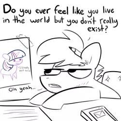 Size: 3000x3000 | Tagged: safe, artist:tjpones, derpibooru import, twilight sparkle, oc, oc:tjpones, earth pony, pony, unicorn, black and white, desk, dialogue, drawing, grayscale, high res, image, male, monochrome, neo noir, partial color, pencil, pencil behind ear, png, stallion, unicorn twilight