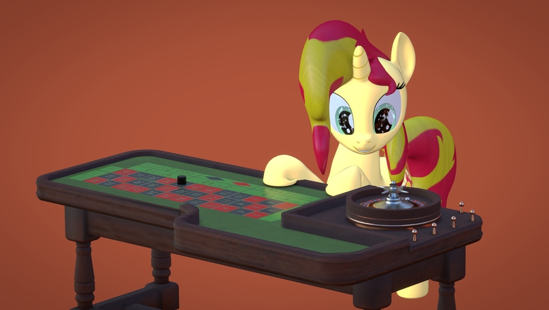 Size: 3820x2160 | Tagged: safe, artist:wissle, derpibooru import, sunset shimmer, pony, unicorn, 3d, atg 2021, blender, female, gambling, high res, image, jpeg, mare, newbie artist training grounds, roulette, simple background, smiling, solo, winning