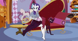 Size: 828x445 | Tagged: suggestive, derpibooru import, rarity, oc, oc:black rose, anthro, plantigrade anthro, pony, unicorn, 1000 hours in gimp, animated, bedroom, blushing, brush, clothes, cute, cutie mark, feet, feet in air, gif, hand, image, over the knee, panties, punishment, sexy, spank mark, tail, underwear