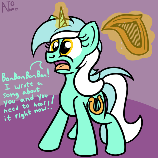 Size: 1999x1999 | Tagged: safe, artist:dafiltafish, derpibooru import, lyra heartstrings, pony, unicorn, atg 2021, female, harp, image, implied bon bon, magic, mare, musical instrument, newbie artist training grounds, png