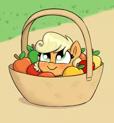 Size: 1899x2055 | Tagged: safe, artist:heretichesh, derpibooru import, applejack, earth pony, pony, apple, basket, blushing, cute, daaaaaaaaaaaw, female, filly, filly applejack, food, image, jackabetes, jpeg, pony in a basket, smiling, solo, weapons-grade cute, younger