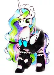 Size: 2541x3510 | Tagged: source needed, safe, artist:liaaqila, derpibooru import, princess celestia, queen chrysalis, alicorn, pony, clothes, cute, cute little fangs, disguise, disguised changeling, dress, fangs, green eyes, image, jpeg, maid, simple background, solo, white background