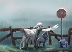 Size: 2768x2000 | Tagged: safe, artist:28gooddays, artist:holka13, derpibooru import, derpy hooves, dinky hooves, pegasus, pony, unicorn, bag, collaboration, duo, duo female, equestria's best mother, female, fence, filly, image, mare, mother and child, mother and daughter, png, rain, stop sign, wing umbrella, wings