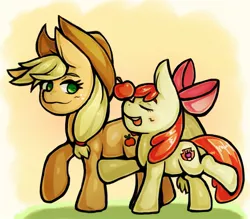 Size: 1543x1350 | Tagged: safe, artist:kyouman1010, derpibooru import, apple bloom, applejack, earth pony, pony, apple, balancing, blushing, eyes closed, female, filly, food, image, jpeg, mare, ponies balancing stuff on their nose, raised hoof, raised leg, siblings, sisters, standing on two hooves, tongue out