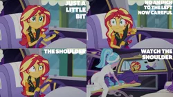 Size: 1280x720 | Tagged: safe, derpibooru import, edit, edited screencap, editor:quoterific, screencap, rarity, sunset shimmer, driving miss shimmer, equestria girls, equestria girls series, bracelet, clothes, cutie mark, cutie mark on clothes, driving miss shimmer: rarity, female, geode of empathy, image, jacket, jewelry, leather, leather jacket, limousine, magical geodes, male, necklace, png, rarity peplum dress, seatbelt, steering wheel, wide eyes