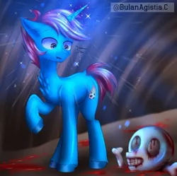 Size: 670x667 | Tagged: semi-grimdark, artist:bulanagistia.c, derpibooru import, oc, unofficial characters only, pony, unicorn, balls, blood, bone, digital art, female, horn, horror, image, indonesia, jpeg, light, magic, male, mare, nudity, shocked, shocked expression, skull, this will end in death, this will end in tears, this will end in tears and/or death, unicorn oc, watermark